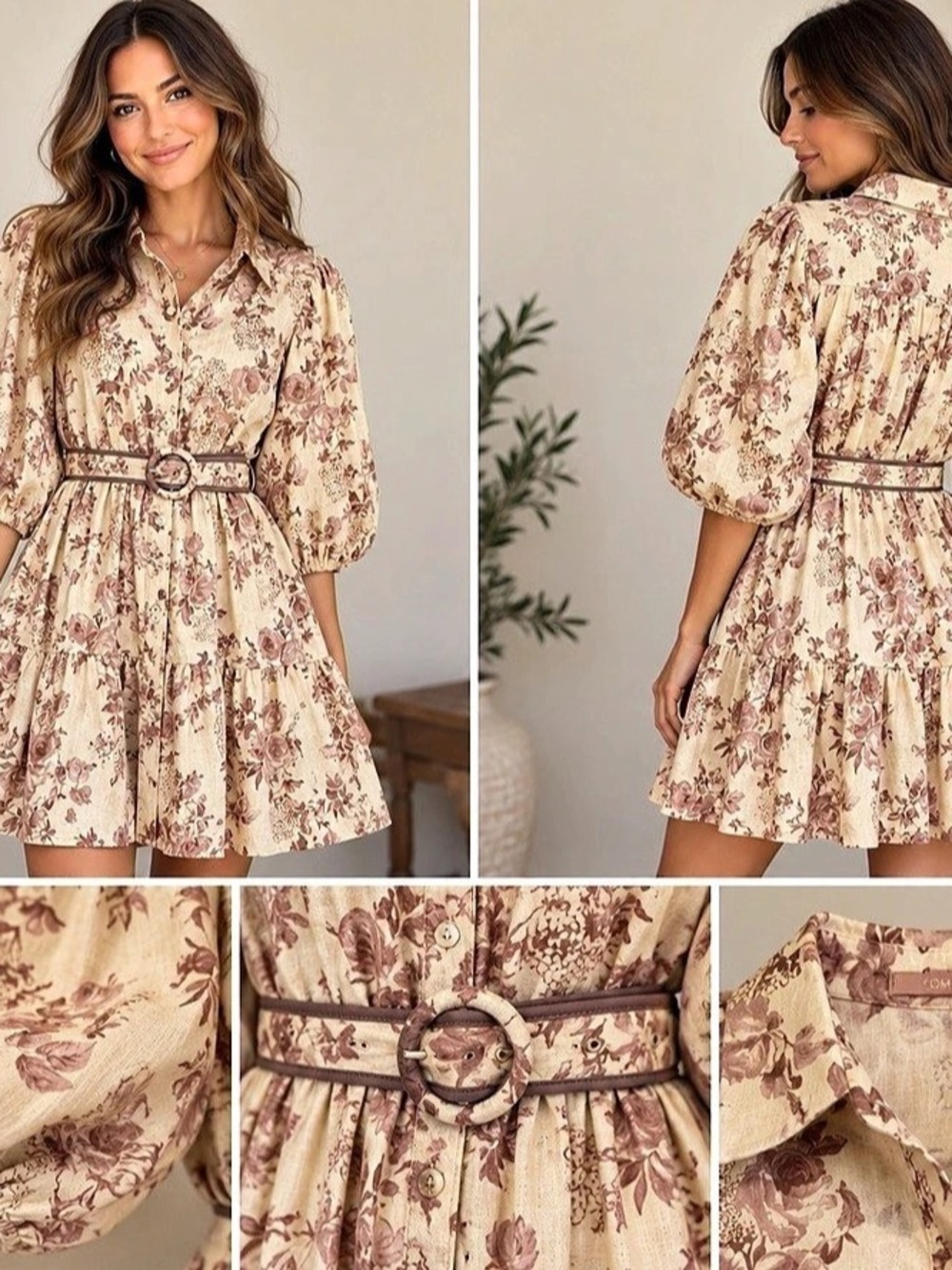 Olivaceous Kianna Floral Belted Lined Shirt Dress Cream & Mauve Medium NWT